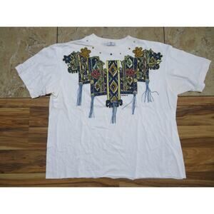 Womens Embellished Southwestern Design White T-Shirt Sz XL 90s